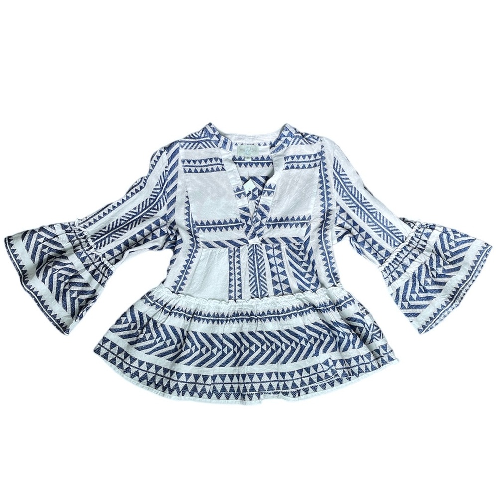 Francesca’s • NWT • Embroidered Peasant Top • Bell Sleeves • Cotton • Blue White